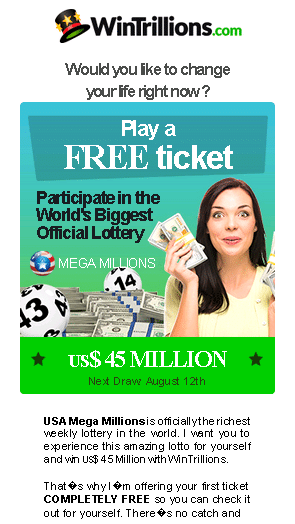 Scam phishing page WinTrillions.com featuring woman holding dollar bills and advertising a draw for million dollars